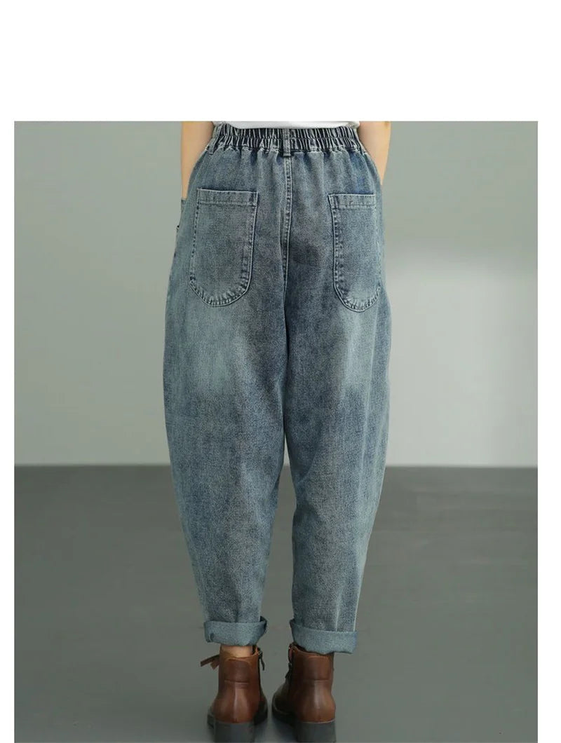 Women Loose Denim Tight Harem Pants 2024Summer Female Fashion Big Pocket BF Wind Elastic High Waist Ankle Jeans Female Trend B98