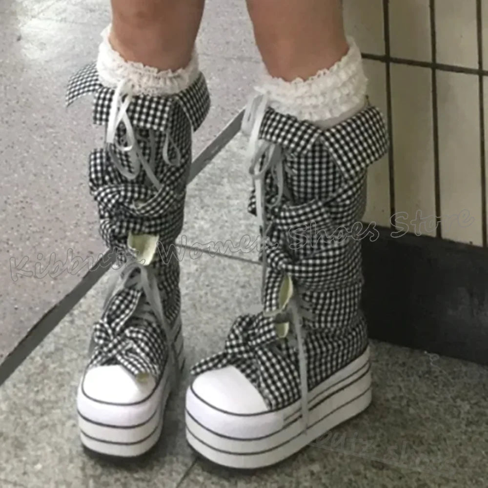 Checkered Canvas Boots Knee High Platform Lace-Up Mixed Color Fashion Elegant Luxury Novelty Women Shoes Round Toe Thick Bottom