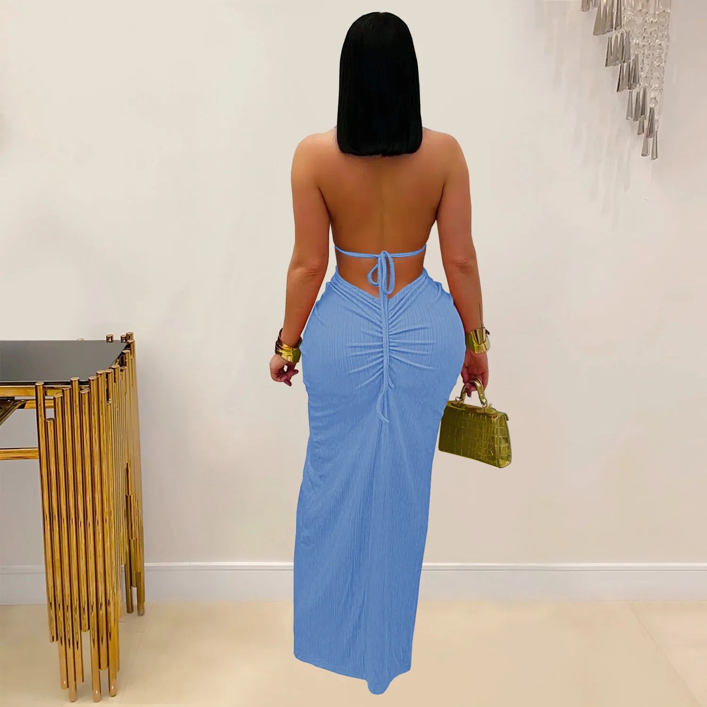 Joskaa Women's 2025 Summer Knit Halter Dress Sexy Hollow Backless Slit Bodycon Maxi Dresses Holiday Party Club Beachwear S-XXL