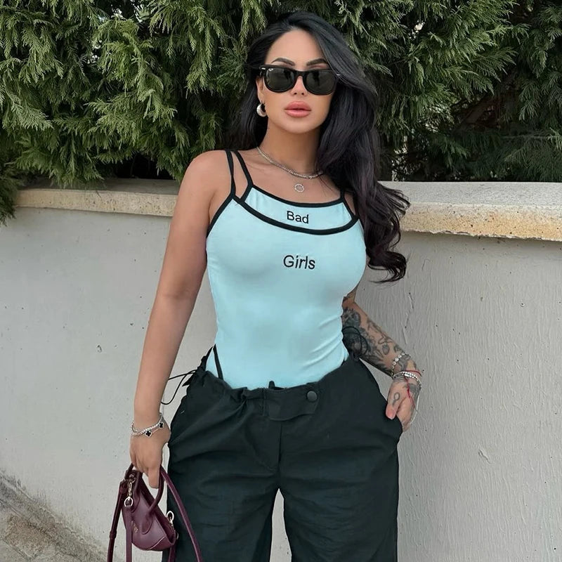 Women Sports Bodysuits Solid Summer Sexy Sling Sleeveless Casual Slim Bodysuits Fashion O-Neck Embroidery Letter Skinny Rompers