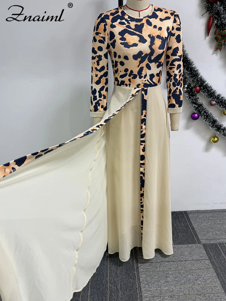 Znaiml Fashion Dashiki Ladies Traditional African Clothing Women Elegant Leopard Print Long Sleeve Front Split Dresses Birthday