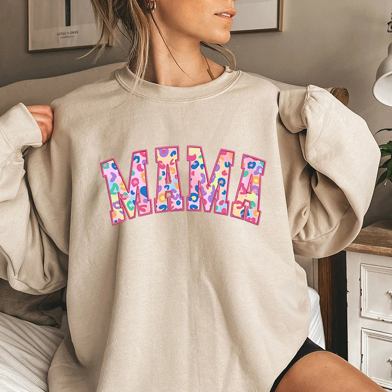 Mothers Day Gift for New Mom Autumn Sweatshirt Wildflowers Leopard Mama Retro Crewneck Sweater Cute Bow Mama Cartoon Sweatshirts