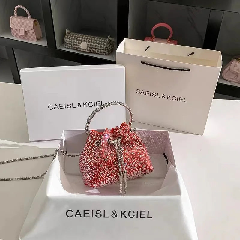 Crystal Shiny Diamonds Bucket Bag Fashion Women Handbag Metal Ring Handle Evening Bag Wedding Party Clutch Purse Crossbody Bag
