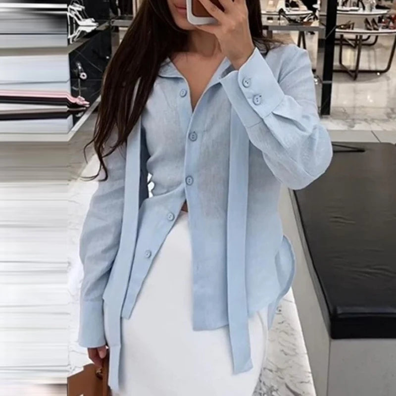 Fashion High Street Loose T-shirt Simple Solid Color Lapel Long Sleeved Shirt New Autumn Single Breasted Women's Casual Top Tees