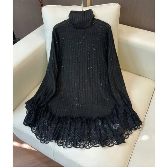 Autumn and Winter New Fashionable Style Lace Splicing Bottom Shirt Thin Solid Color Loose Look Casual Loose Long Sleeves Top