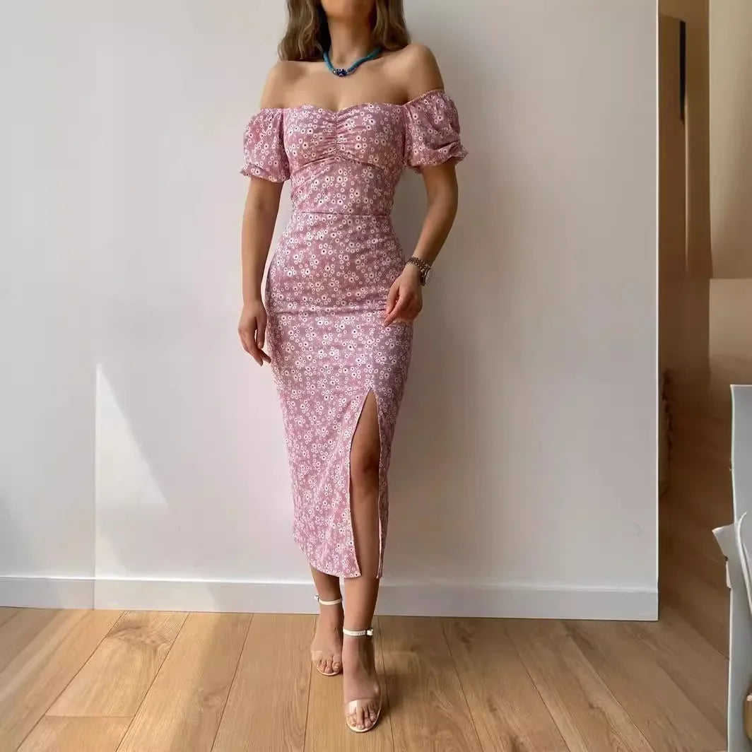 Elegant Summer Women's Dress Off-Shoulder Floral Side Slit Fashionable Commuting Foreign Trade New Style Womens Clothing