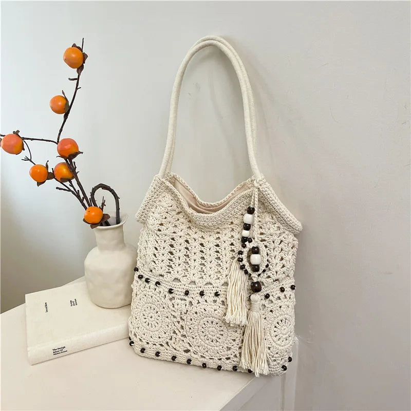 Hollow Crochet Women Bags Bohemian Large Capacity Handbags Korean Popular Bag New Tassel Cotton Shopping Bag Shoulder Bag Women