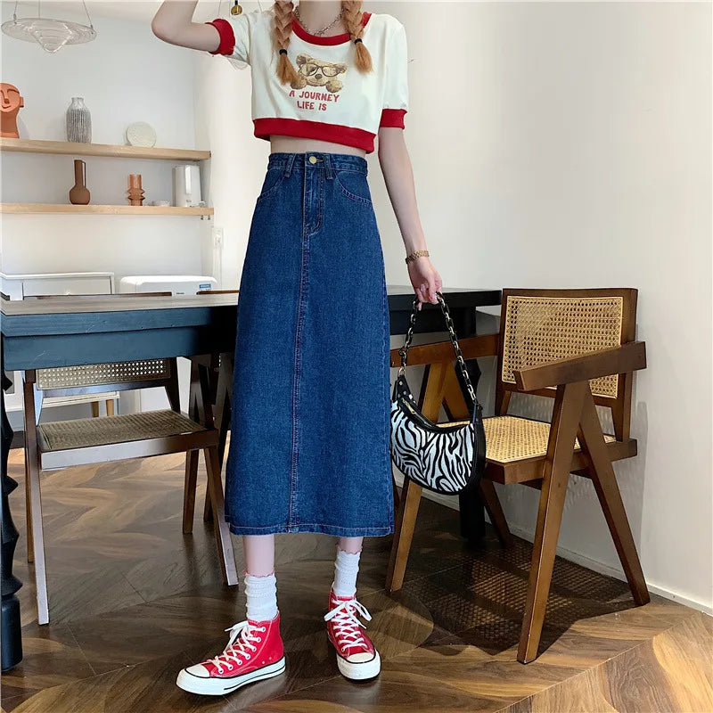 New 2022 Spring-Autumn Medium-Length Denim Skirt For Women High-Waisted Slimming Plus Size Curvy Girls A- Line Hip Covering Skir