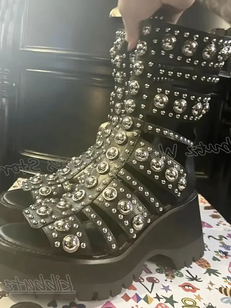 Bordered Rivets Sandal Boots Round Toe Platform Chunky Heels Genuine Leather Back Zippers Fashion Concise Novelty Sexy Shoes New