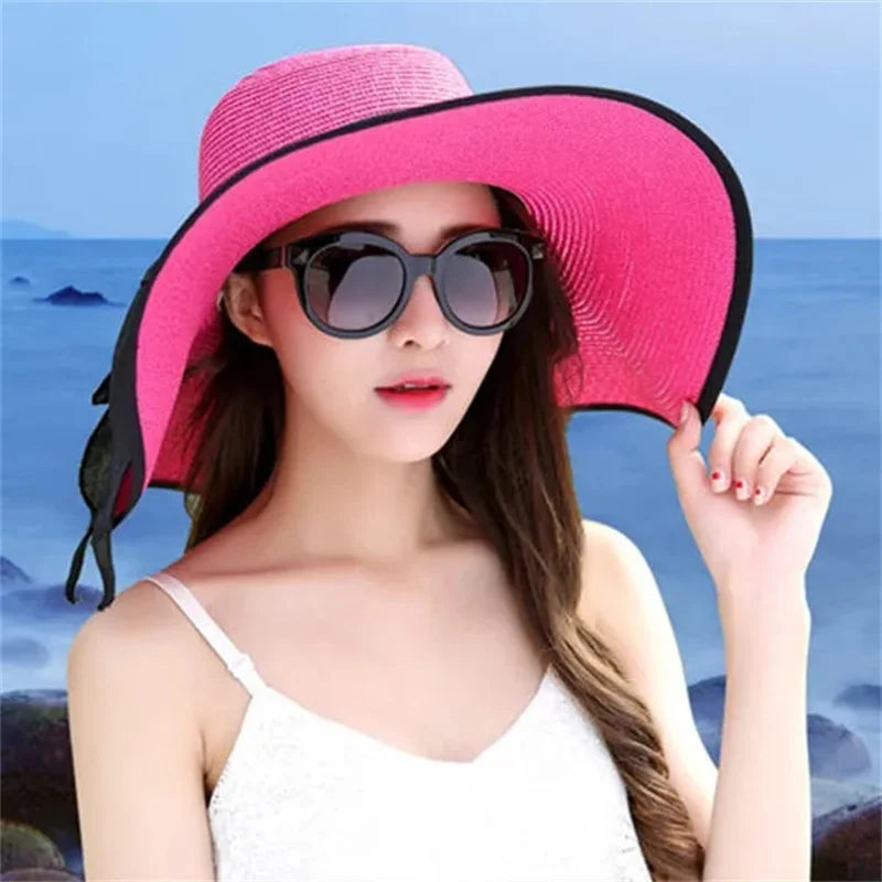 Hat Big-brimmed Cool Hat Women's Summer Sun Visor Sun-Proof Foldable Straw Hat UV-Proof Beach Sun Hat Summer Face Covering