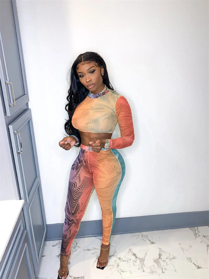Printing 2 Piece Outfit Set Women Clothing Sportwear Fitness Skinny Long Sleeve Top and Pants Leggings Matching Sets Tracksuit