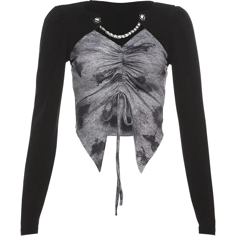 Hong Kong Style Retro Tie-dyed Unique Splicing Design and Sense Dovetail Slim T-shirt for Women Sweet Sexy Versatile Base Shirt