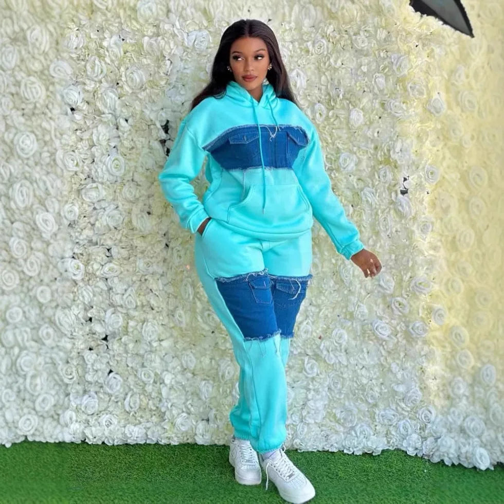Pants Set Women Two Piece Sets Hooded Matching Sets Sweatshirts Long Pants High Waist Denim Splice Y2k Casual Jogger 2025