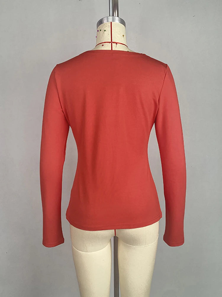 Long Sleeve T-shirt Women Skinny Clothies 2025 Fashion Pearl Buttons V-neck Irregular Red Black Casual Female Y2k Tops