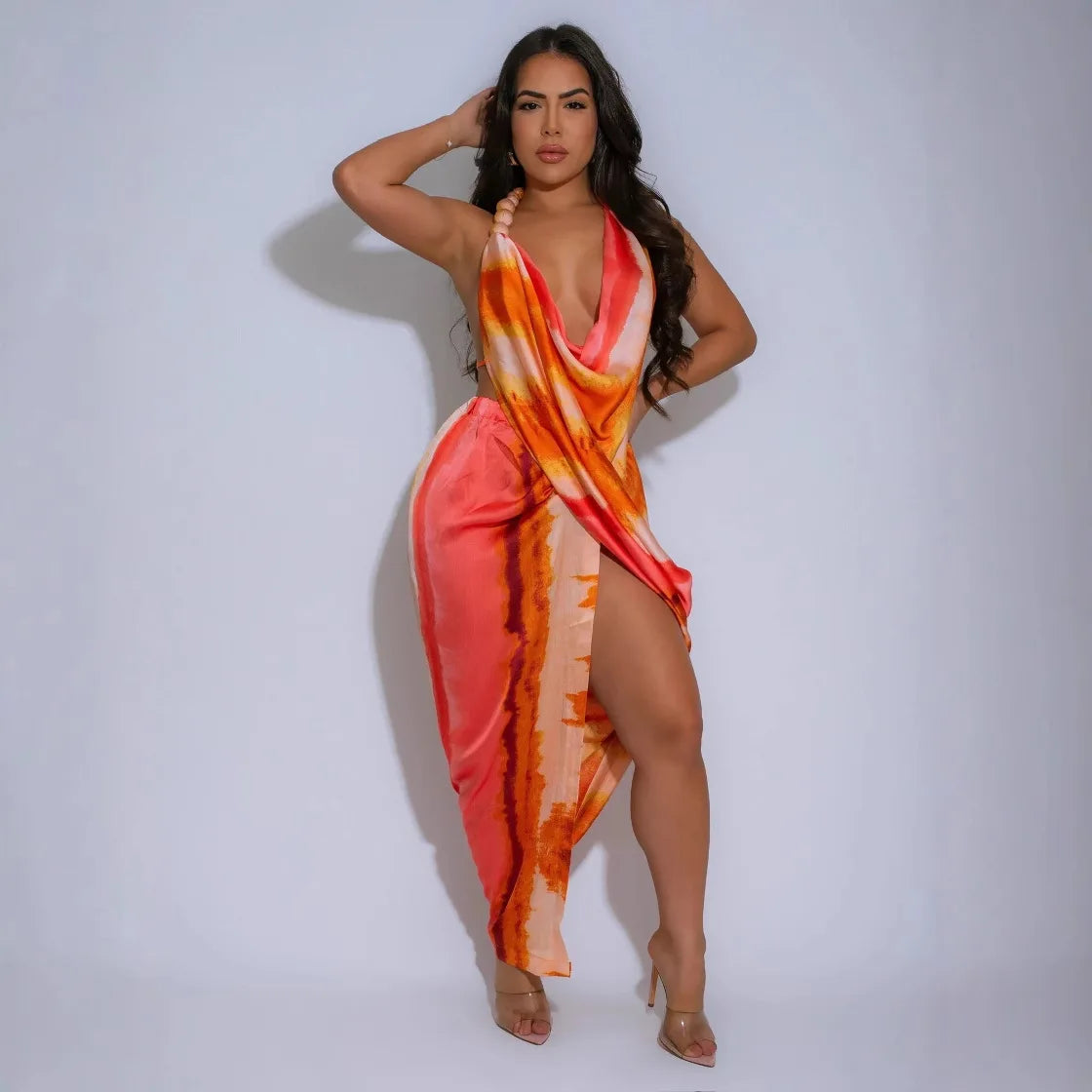 CM.YAYA Women Tie Dye Printed Sleeveless Halter Neck High Side Split Maxi Dress Summer Evening Sexy Night Party Dresses Vestidos