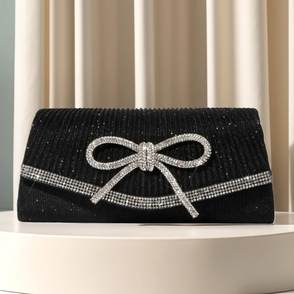 Women Evening Bag Bow Shoulder Bag Glitter Rhinestone Hobo Bag Adjustable Strap Wedding Party Purse