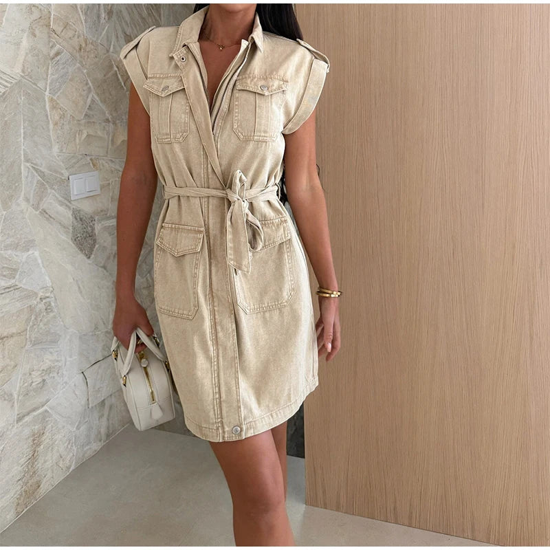 Vintage Women's Short-sleeve Denim Dress Button-front Lapel With Belt Casual Workwear Elegant Female Vestidos Summer 2025
