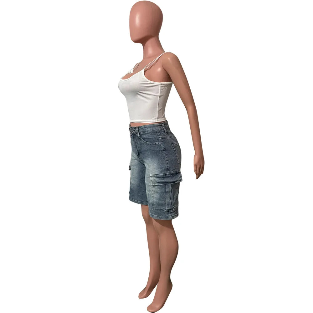 FAGADOER Y2K Sexy Bodycon Denim Pants Women Solid Color Cargo Pocket Patchwork Jeans Female Streetwear Bottoms 2025 Summer New