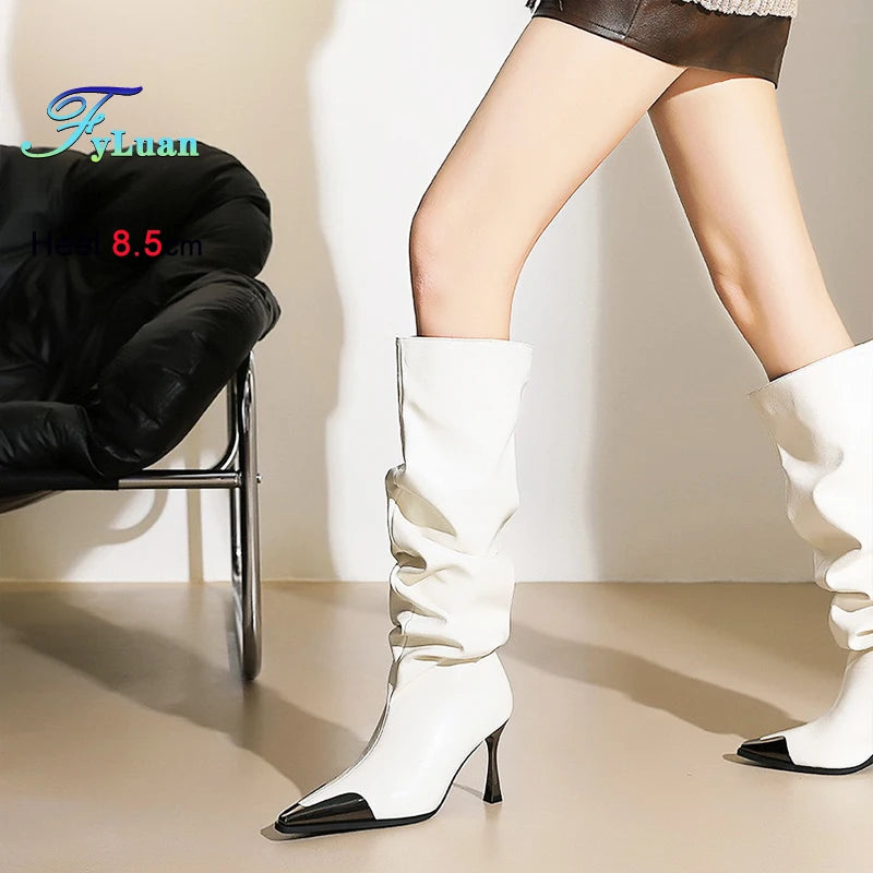 Pointed Pleated Knee Stiletto Boots