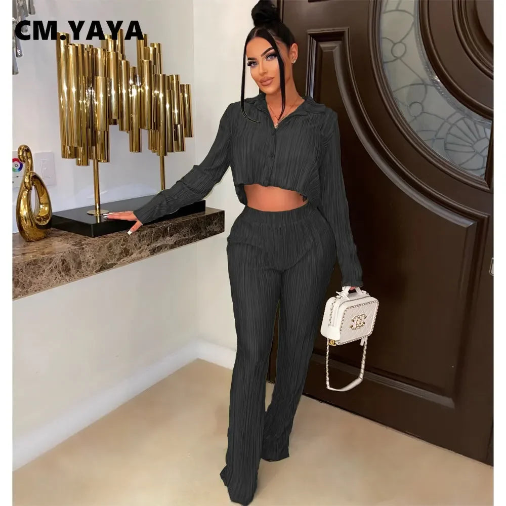 CM.YAYA Street Pleated Women's Set Long Sleeve Mini Blouse Shirt and Straight Pants Suit 2023 Two 2 Piece Set Outfits Tracksuit