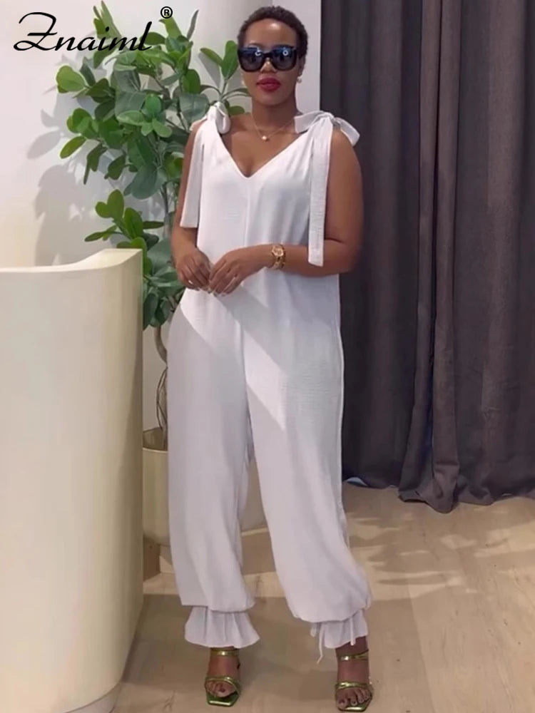 Znaiml Casual Lace-up Bandage Jumpsuit Green Loose Wide Leg Jogger Pants Women V-Neck Sleeveless New In One Pieces Rompers 2025