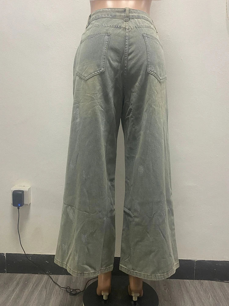 Mlaiscsr High Waist Silver Coating Baggy Jeans Straight Wide Leg Denim Pants Women's New Loose Trousers Y2K Metallic Clothing