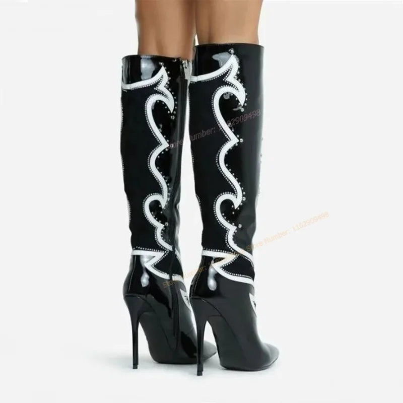 Black Rivet Decor Knee High Boots Patent Leather Pointed Toe Shoes for Women Thin High Heels Sexy Shoes 2024 Zapatos Para Mujere