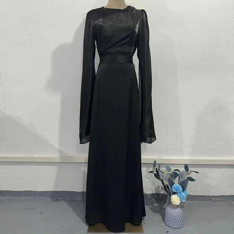 Women's Spring Solid Spliced Satin Maxi Dress Sexy O Neck Slim Bodycon Hip Long Dress Summer Batwing Sleeve Hollow Evening Dress