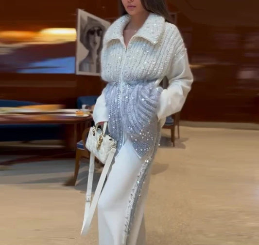 Women Elegant Pant Sets Two Piece Long Sleeve Sequins Splice Sweater Jacket Coat High Waist Side Sequin Trim Wide Leg Trousers