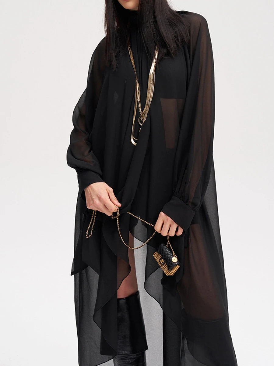TWOTWINSTYLE Solid Loose Sheer Spliced Folds Fashion Blouses for Women High Neck Long Sleeves Irregular Blouse Female Clothing
