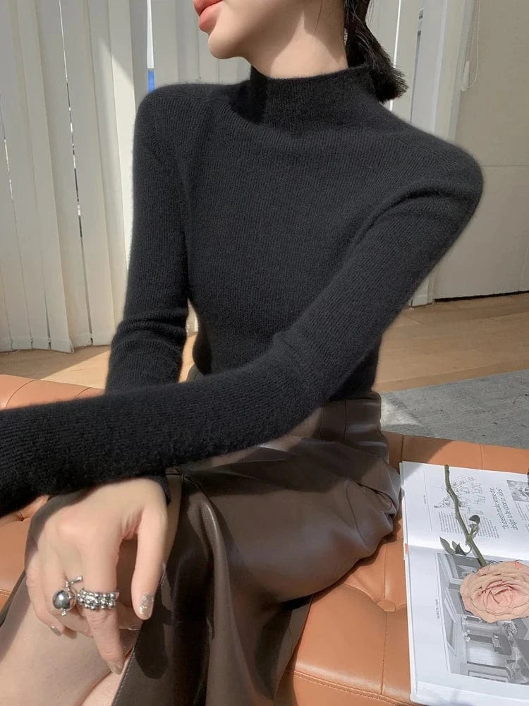 Women 100% Cashmere Sweater Mock Neck Pullover Autumn Winter Slim Basic Cashmere Knitwear Soft Warm High Strecth Pullover Tops