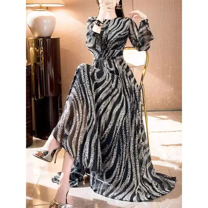 Fashionable Temperament Elegant Socialite Waist Cinching Big Swing Long Skirt Vnique Beautiful Mature Mature Queen Print Dress