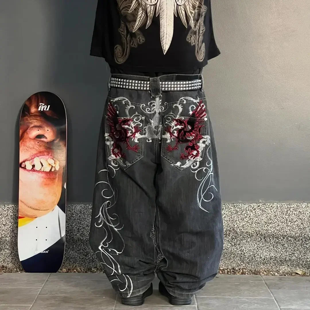 Black Y2K Hiphop Gothic Multi Pocket Zipper Jeans for Men Japanese Streetwear Trendy Cargo Pants European Urban Baggy Denim
