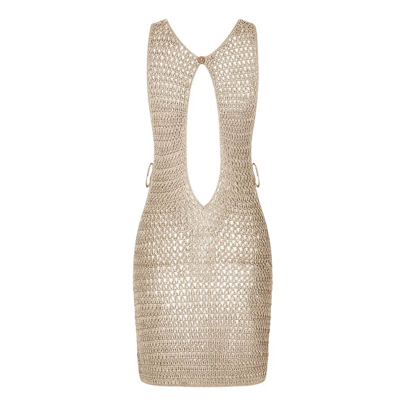 Summer Sexy Vacation Knitted O Neck Hollow Out Dresses for Women 2024 Elegant Wrapped Dress Holiday Beach Mini Sundresses