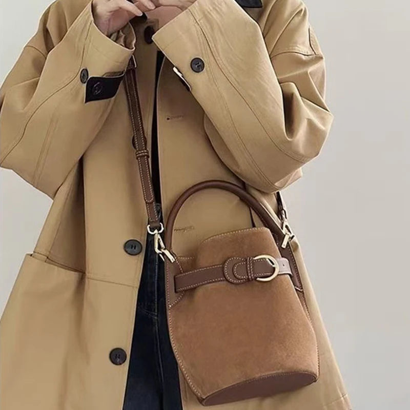 Fashion Luxury Handbag High-grade Leather Trend Versatile Simple Drawstring Bucket Bag Retro Texture Brand Designer Shoulder Bag