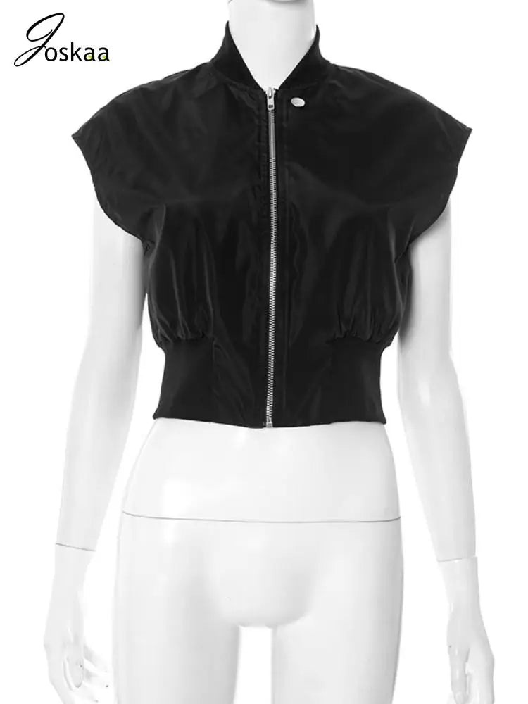 Joskaa Casual Black Cardigan Tops Women Hipster O-Neck Sleeveless Zipper Vests Jackets 2025 Summer Outerwear Y2K Streetwear