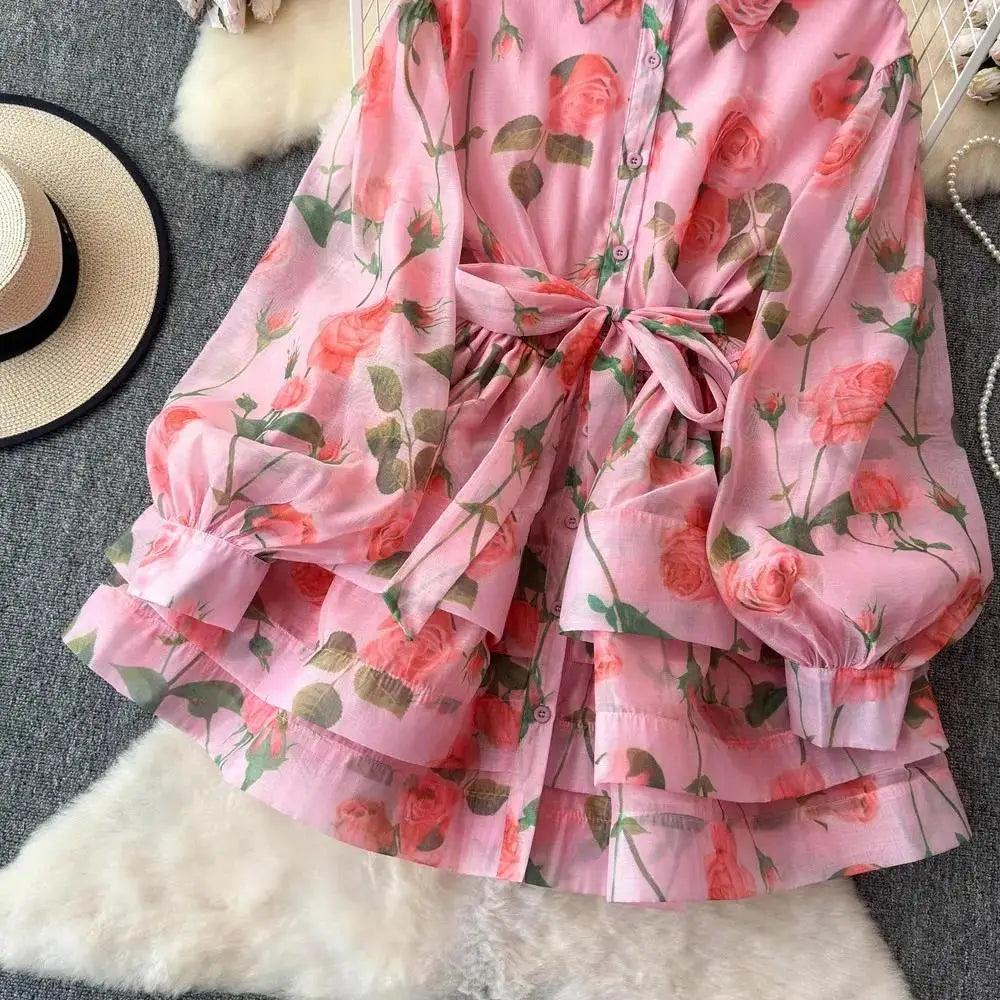 Women Lantern Sleeve Floral Print Lace Up Belt Summer Ball Gown Cute Dress Holiday Gorgeous Flower Ruffles Layer Cake Mini Dress