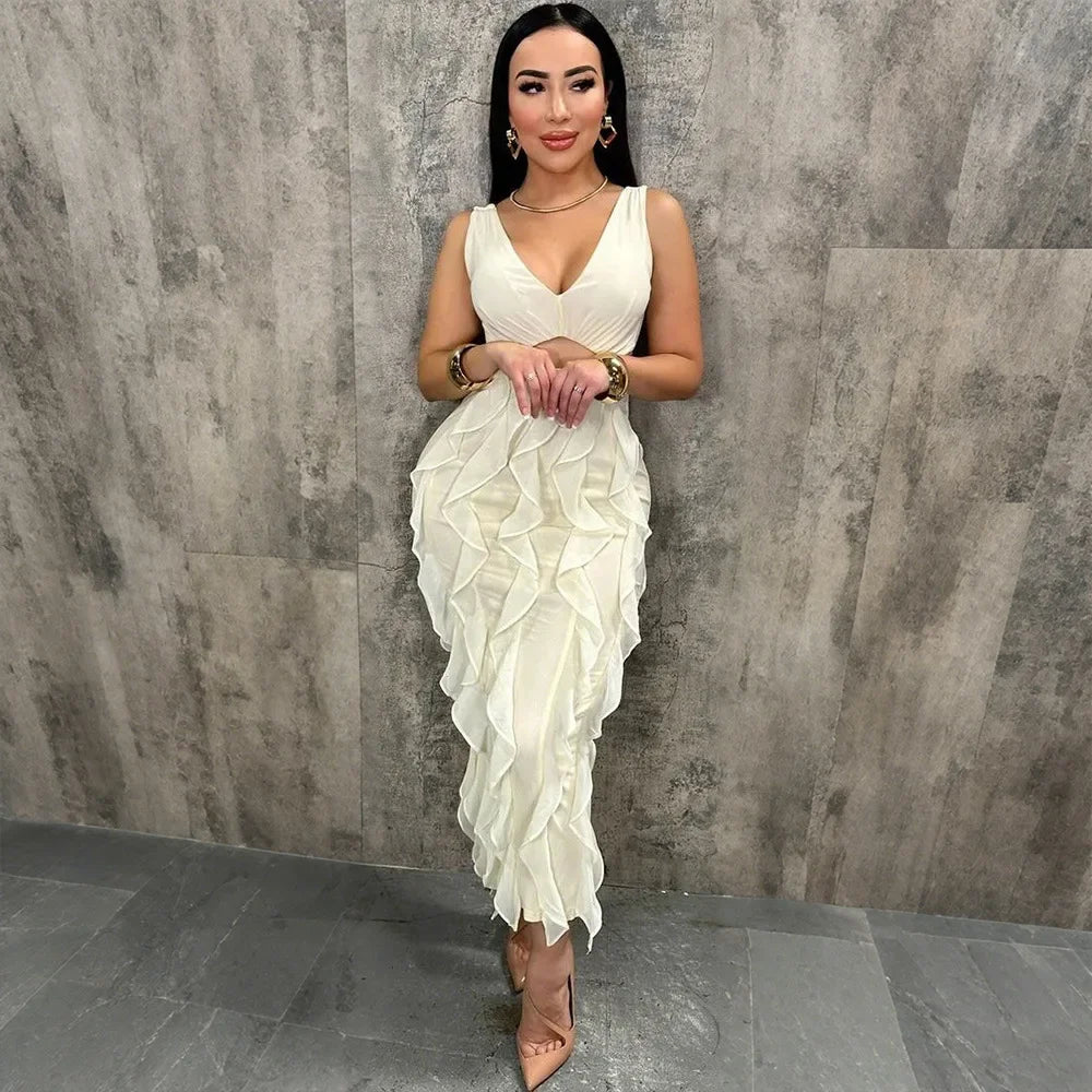 Stylish Deep V Neck Ruffles Tierred Long Party Dresses For Women Cute Pink Ruched Night Out Vestidos Outfits Clubwear