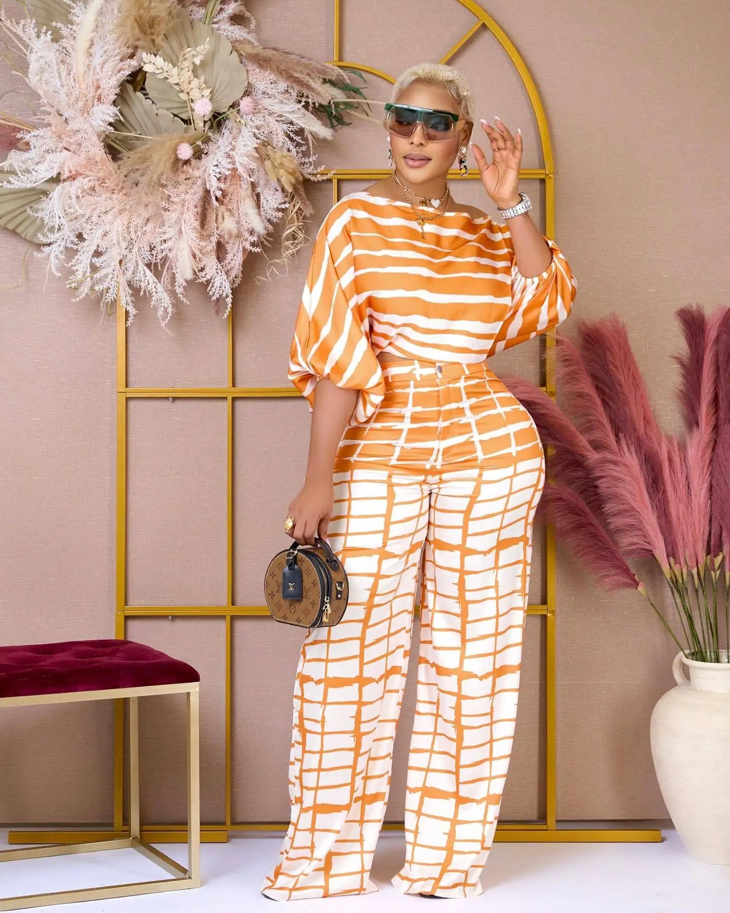 CM.YAYA Women Set Full Batwing Sleeve Slash Neck print Top + Wide Leg Pants Summer Street Two 2 Piece Sets Sexy Outfit Tracksuit