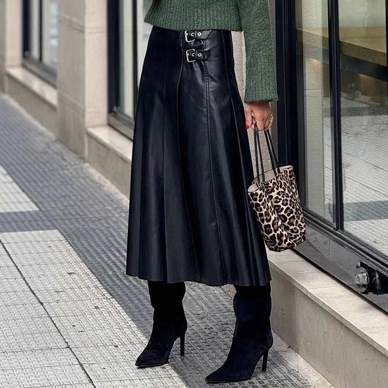 High Waist Lace-Up Faux Leather Midi Skirt for Women