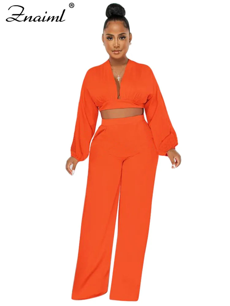 Znaiml Casual Green Two 2 Pieces Wide Leg Pants Sets Women‘s Long Sleeve Deep V-neck Crop Tops and Trousers Birthday Club Outfit