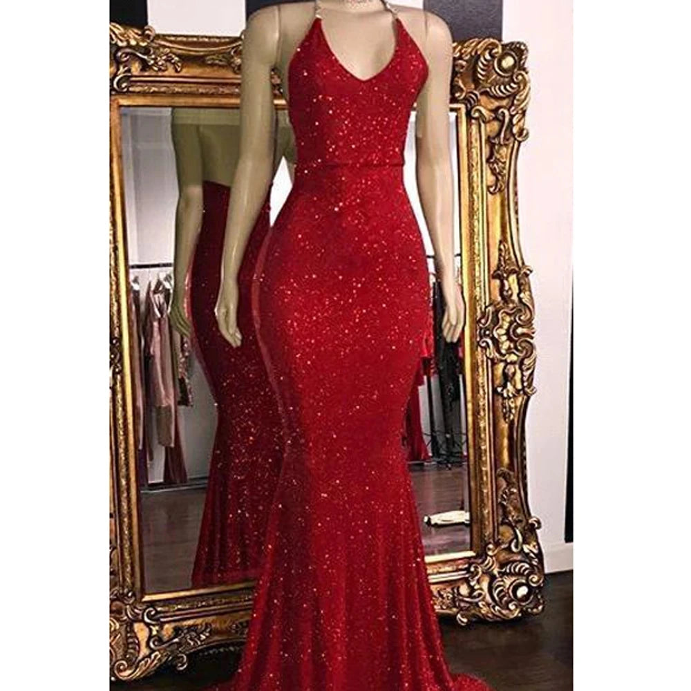Customized Backless Halter Sparkly Sequined Evening Dresses For Women Mermaid Robe De Soiree Prom Gown Wedding Party Vestidos