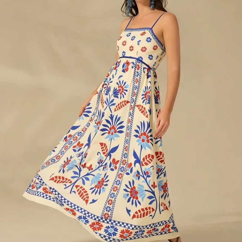 Sexy Women's Off Shoulder Summer Long Dress Casual Bohemian Pleated Sling Dress Graffiti Printed High Waist Beach Dress Vestidos