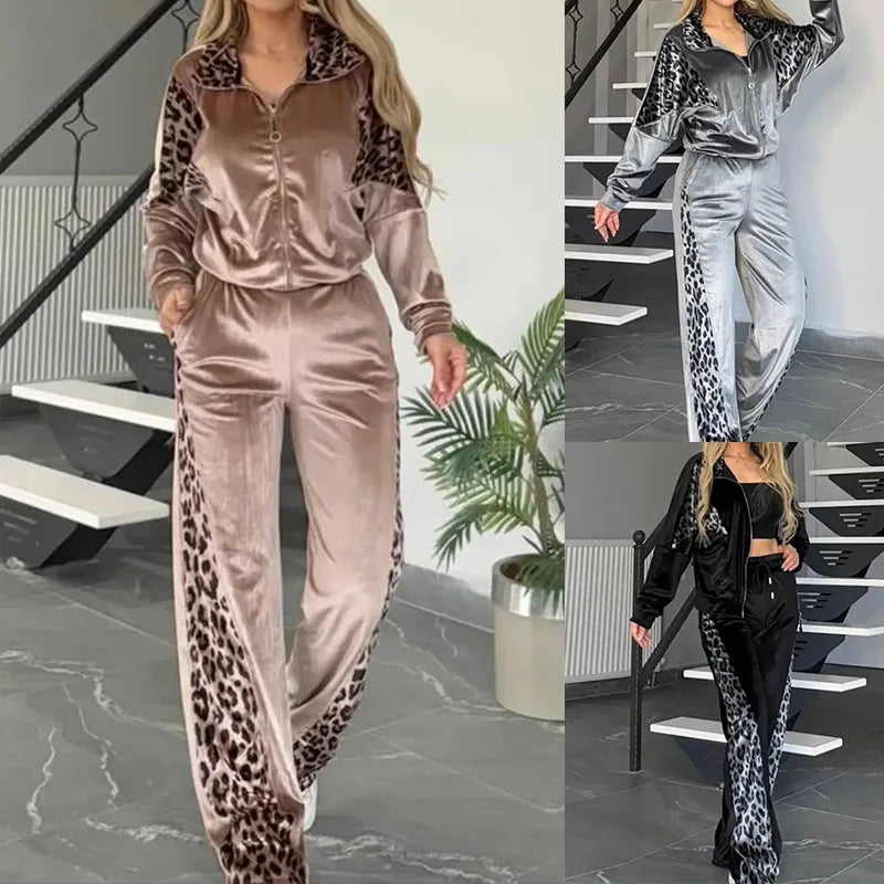 2025 Autumn Fashion Women Two Pieces Set Leopard Print Long-sleeved Lapel Zipper Straight Pants Ladies Suit Casual Outfit Female