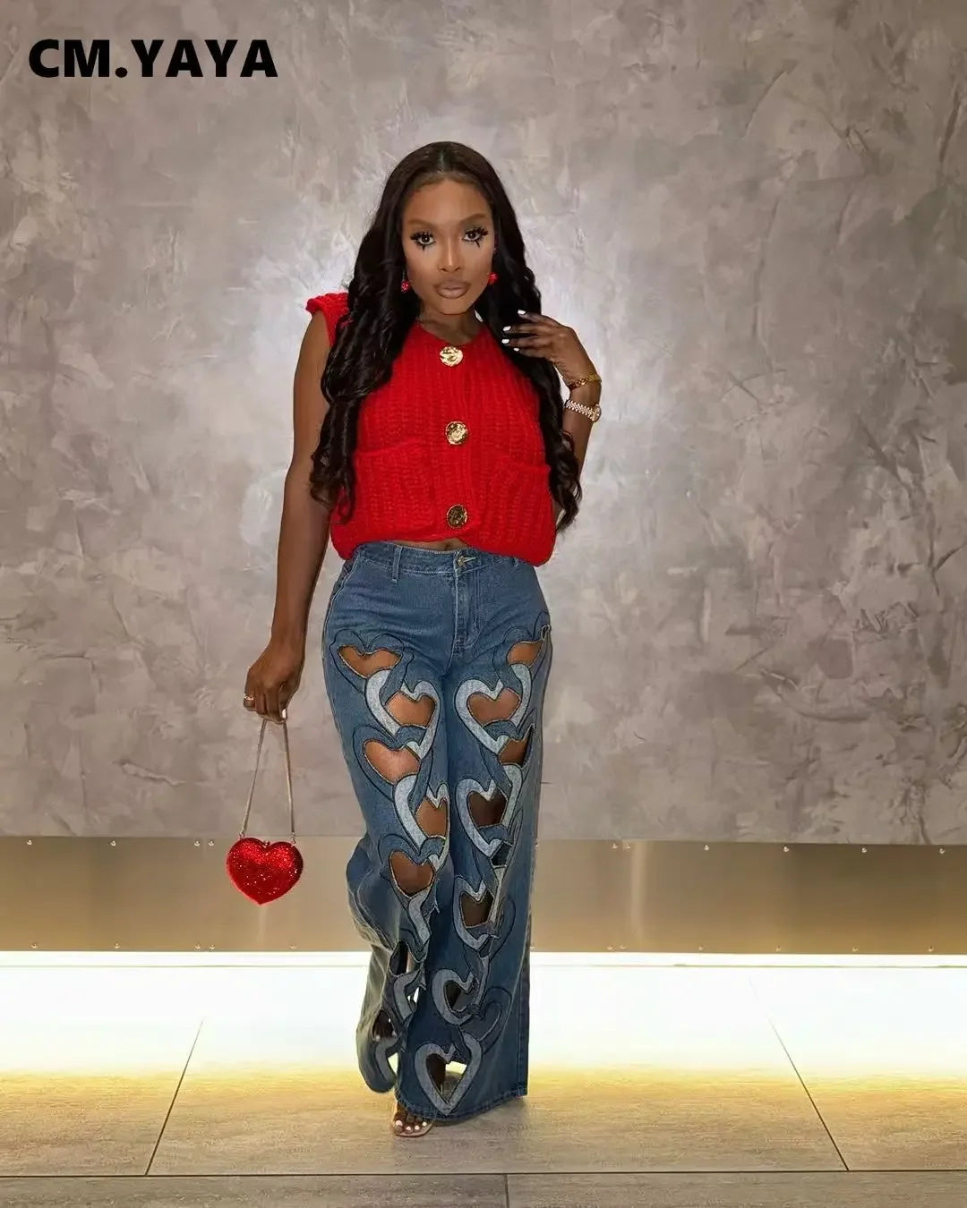 CM.YAYA Women Vintage Cutout Love Hollow Out Cross Straight Denim Pants 2025 Fall Fashion INS High Waist Wide Leg Jeans Trousers