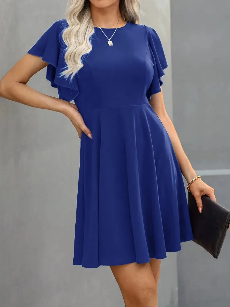 Summer 2025 Women's Dresses Elegant Vintage Ruffle Sleeve Flared A Line Swing Round-Neck Casual Party Cocktail Dress Women Cloth