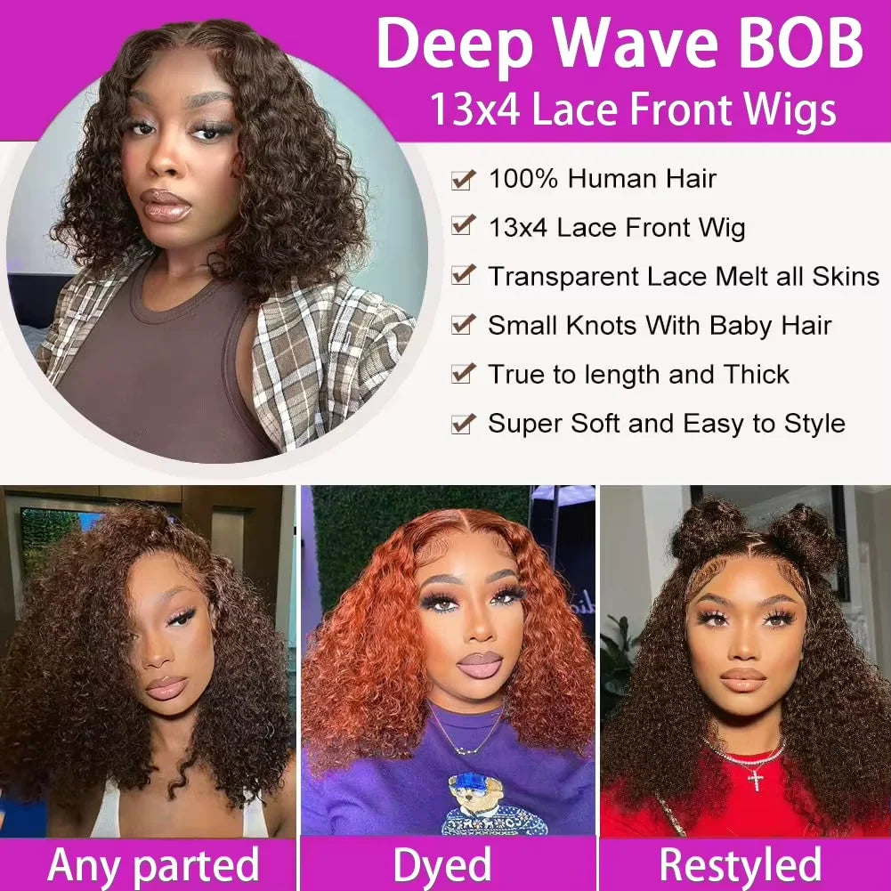 Brown kinky Curly Short Bob Wig 13x4 4x4 Bob Wigs Brazilian Water Deep Wave Human Hair Wig Preplucked For Woman Short Pixie