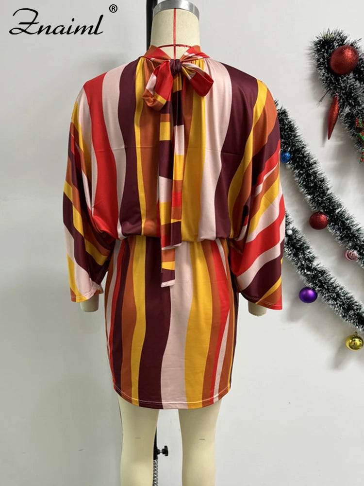 Znaiml Women‘s African Batwing Sleeve Striped Print Mini Dress Birthday O Neck Loose Night Club Female Vestidos Beach Elegant