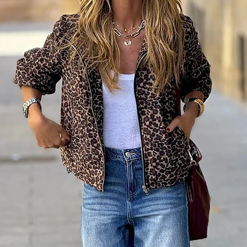 Elegant Chic Long Sleeve Zipper Pocket Loose Jacket Female Outwear Streetwear 2025 Spring Autumn Women Leopard Print Hooded Coat