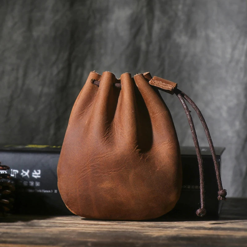 LUOKIR Men's Genuine Leather Coin Purse Simple Vintage Small Card Bag Women's Cowhide Wallet Keys Money Drawstring Storage Bags